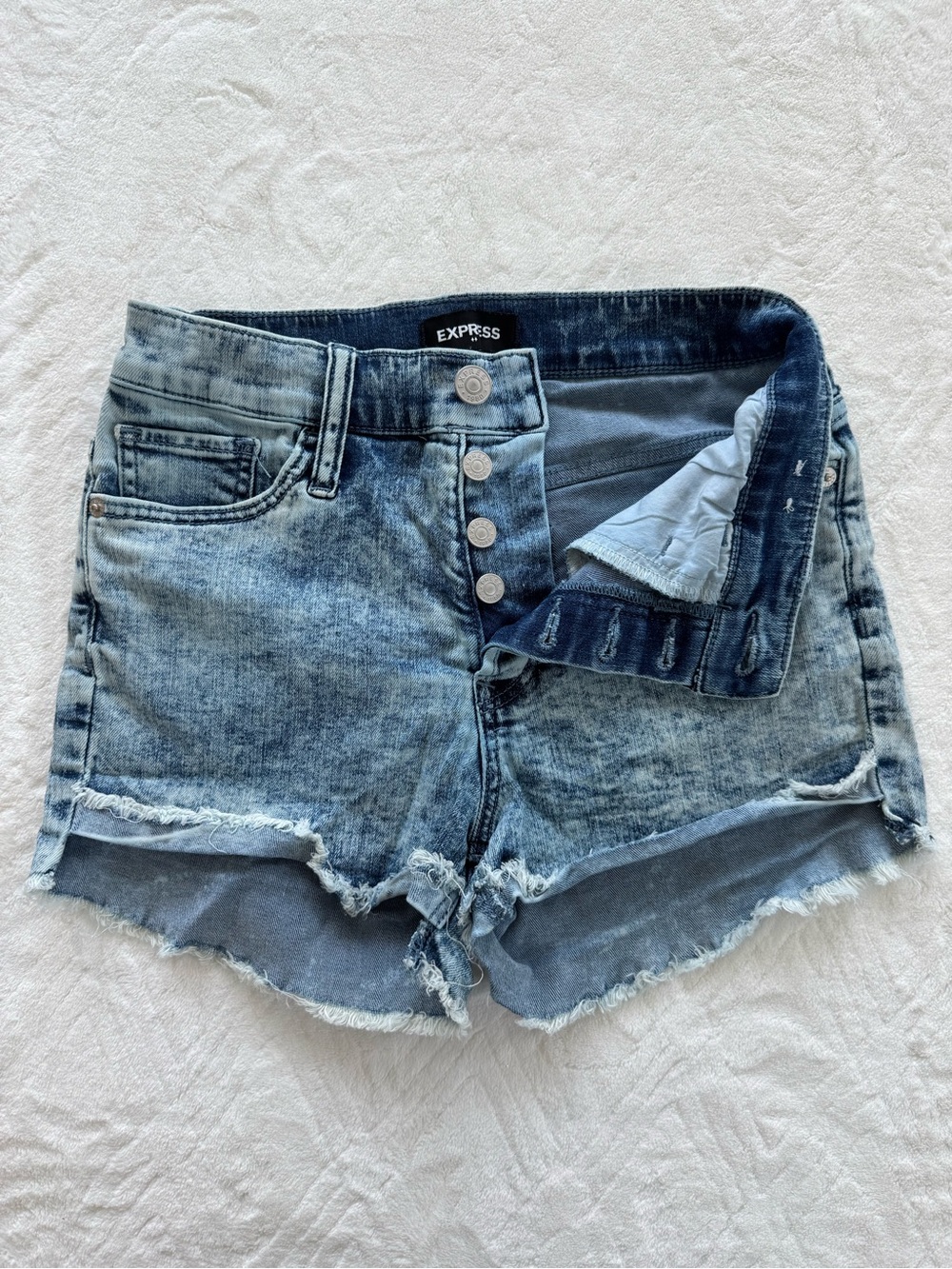 Express Distressed Light Blue Button-Front Denim Shorts